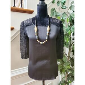 BcbgMaxazria Women Black 100% Polyester Round Neck 3/4 Sleeve Top Blouse Size S